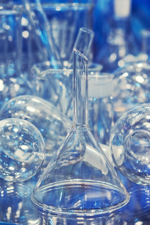 glass flasks andTest-tubes blue colors. Laboratory glasswareの写真素材