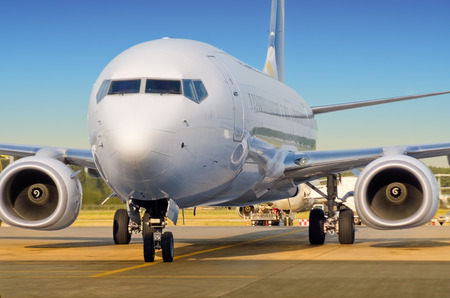 Passenger aircraft before take-off at the airportのeditorial素材