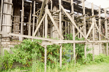 huge wood scaffold closeup on an old building exteriorのeditorial素材