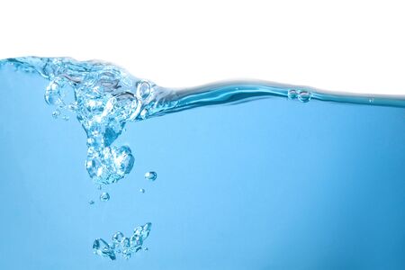 Surface Water drops, splashing waves 3D, transparent blue with bubbles In beautiful nature isolated On a white backgroundの写真素材