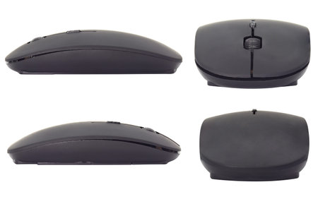Black glossy wireless computer mouse set. Left side view. Right side. Front and back.
