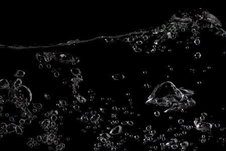 Bubble soda and white oxygen air, in underwater clear liquid with bubbles flowing up on the water...