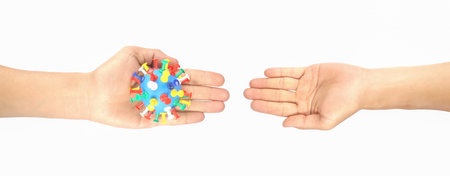 Palm gestures and symbols of male hands Hand touch concept and contagious coronavirus (covid-19)....