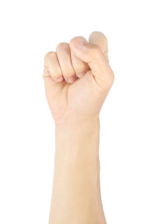 Close up men hand sign raise your hand, raise your fist Gestures and symbols Isolated on white background with clipping path.の写真素材