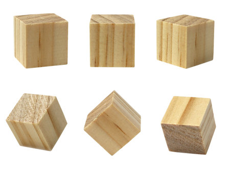 wooden geometric square cube block six flying pieces Isolated on a white background, toys for young...