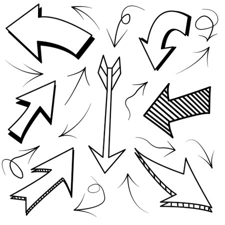 Set of black directional pencil sketch symbols of doodle hand-drawn arrows. for web design graphics on white background. Vector illustrationのイラスト素材