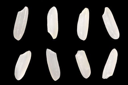 Top view, close-up macro shot. Uncooked long white brown rice grains, lying flat. Isolated on black background.の写真素材