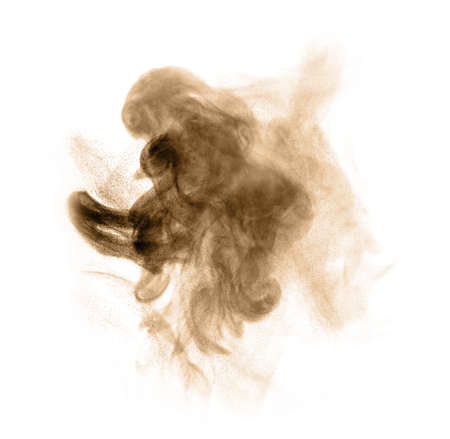 Brown black dust powder explosion. The texture is abstract and splashes float. on a white backgroundの写真素材