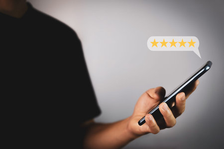 positive customer reviews Touch the mobile screen. Satisfaction Survey Concept Leave a five-star...