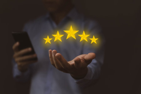positive customer reviews Write a five-star review. Satisfaction, Feedback, and Customer Service Concepts Best response from the product user experience. dark backgroundの写真素材