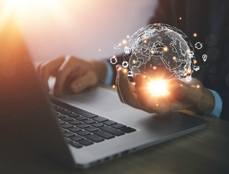 Businessman using a laptop Big Data Digital Link Technology Show global success online internet network connection application concept of business and marketing Finance and Bankingの写真素材
