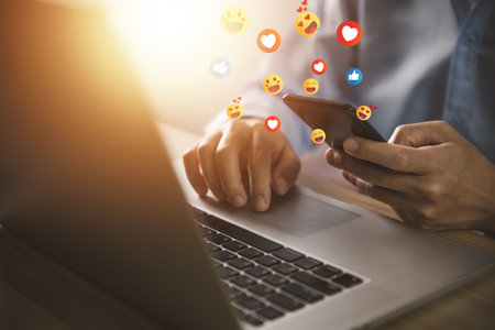 Businessmen use smartphones to communicate online on social media. the Internet, digital technology,...