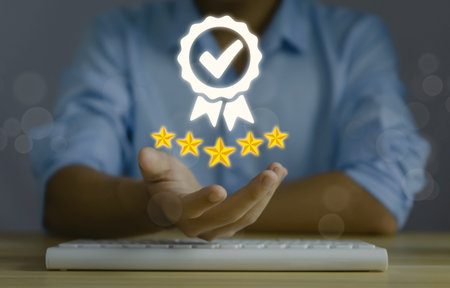 Businessman showing icon symbol checkmark digital technology. Best quality assurance service...