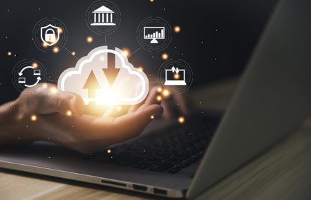 Businessman's hands showing a diagram of Cloud computing information technology icon. Concept of big data digital connection on communication networks. cloud storage security and internet serviceの写真素材