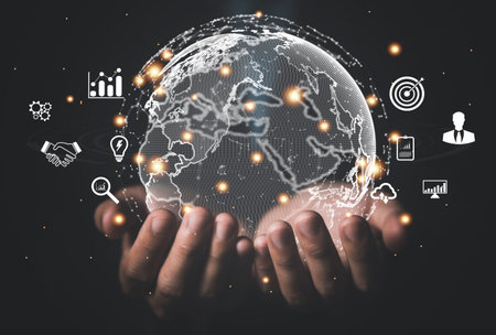 Businessman hand showing icons around the world Big Data Digital Link Technology online internet connection application Marketing Business Ideas Finance and Banking global successの写真素材
