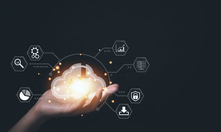 Businessman's hands showing a diagram of Cloud computing information technology icon. Concept of big...
