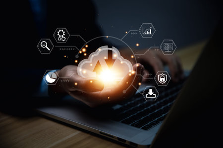 Businessman's hands showing a diagram of Cloud computing information technology icon. Concept of big...