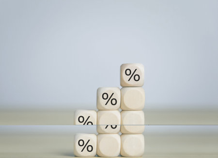 wood block showing percentage symbol icon Business investment ideas to increase profits of stocks,...