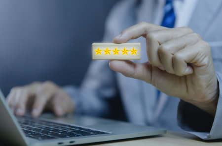 Customers holding a wooden block showing a five-star rating, service, and review. Satisfaction...