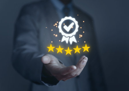 Hand showing digital technology check mark and five stars, the best quality guarantee. leading...