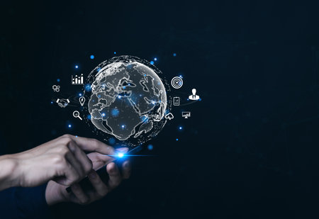 Businessman using smartphones show global icons big data digital link technology applications online internet connection marketing business concepts finance and banking global successの写真素材