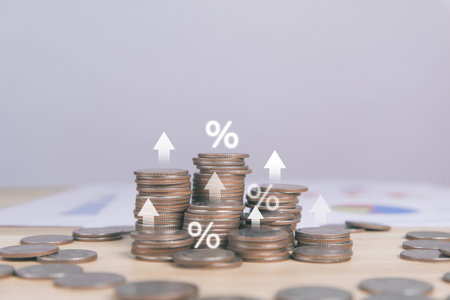 coin showing percentage symbol icon Business investment ideas to increase profits of stocks,...