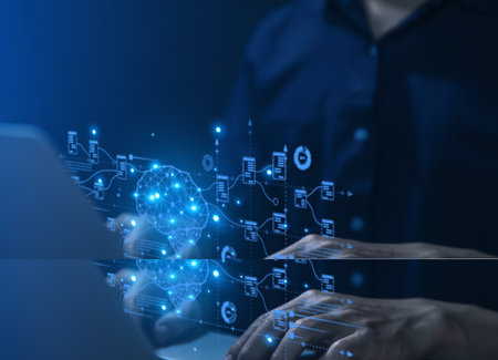 Expert analysts are analyzing the data. with virtual graph charts Analytics and Data Management...
