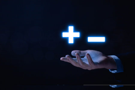 hand show plus and minus signs. Concept of opposites, decisions, and uncertainty. Positive or Negative Business Choices Analysis of advantages and disadvantages Comparisonの写真素材