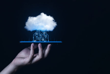 Businessman with a cloud over hand show Diagram representation technology icons The concept of...