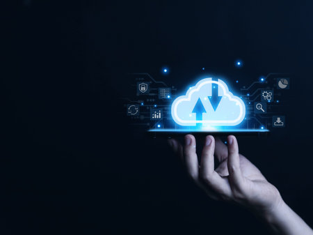 hand-holding smartphone shows cloud Diagram representation technology icons The concept of...