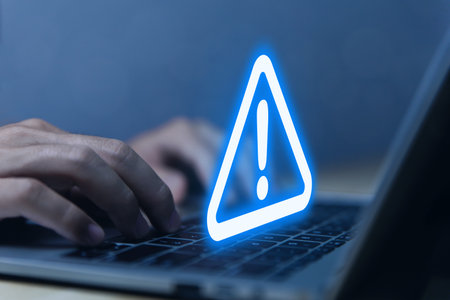 warning triangle and exclamation sign icon Warning of dangerous problems Server error. Virus. Maintenance concept. caution internet technology network securityの写真素材
