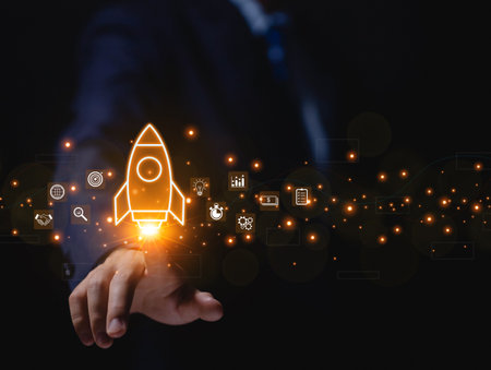 The hand shows a rocket and an icon. Concept of Startup Business, Entrepreneurship Idea, and Online Digital Business. network connection on the interface Marketing, Technology, and Successの写真素材