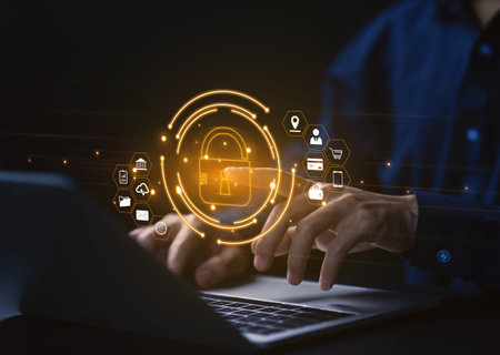 Businessman selects a lock icon on a virtual display. Internet network security concept, website...