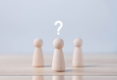 Block people showing question mark icon Concept of choice, doubt, confusion, questioning, business solution. copy spaceの写真素材
