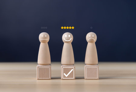 block people showing a smiley icon. customer review concepts, satisfaction surveys, and opinions The best response service from product user experience.の写真素材