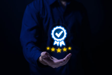 Businessman hand showing check mark digital technology icon symbol. Best quality assurance service concept, product performance assurance, and industry-leading ISO certification.の写真素材