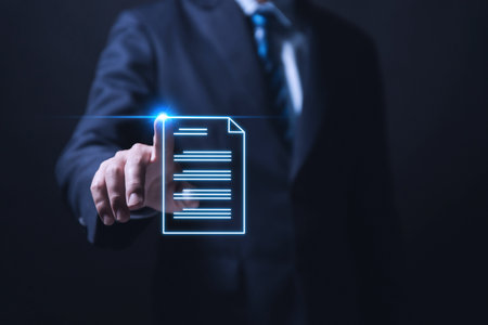 businessman handling electronic documents The concept of efficient access to a company's online business document database. internet file system digital technology paperless officeの写真素材