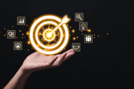 Businessman showing target arrow virtual digital technology icon on board, business investment concept, objectives and goals Marketing strategies and goals for successの写真素材