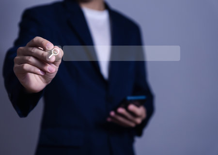 Businessman showing internet search. Entering digital technology through browsers and communication tools connection and website Concepts of using networks for business efficiencyの写真素材