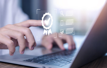 touch check mark digital technology icon symbol. Top quality assurance service concept, product performance assurance, and industry-leading ISO certification.の写真素材