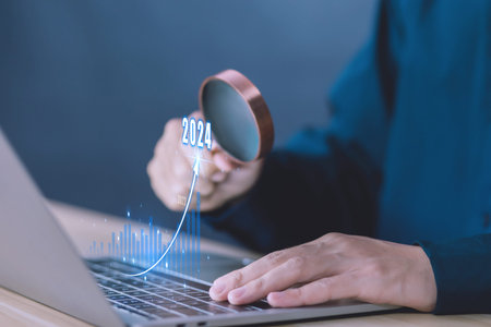 Businessman planning digital stock market analysis strategy showing positive technology chart...