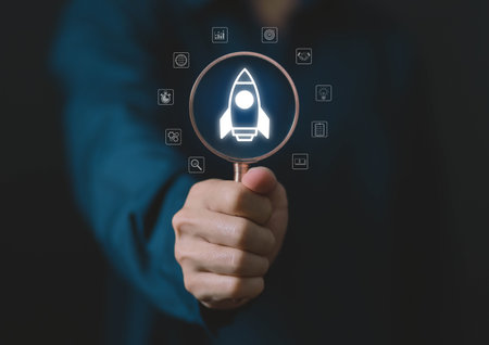 The hand shows a rocket. Concept of Startup Business, Entrepreneurship Idea, and Online Digital Business. network connection on the interface Marketing, Technology, and Successの写真素材