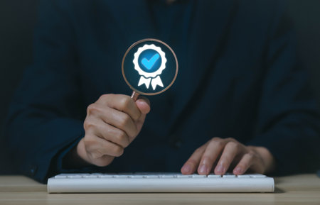 check mark digital technology icon symbol. Top quality assurance service concept, product performance assurance, and industry-leading ISO certification.の写真素材