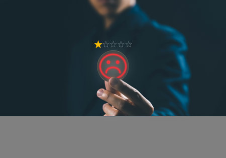 bad review icon dissatisfied. experience negative of customers in a service. feedback and opinions complaints from the client. concept of low quality, and unhappy. review rating 1 starの写真素材