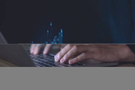 Businessman planning digital stock market analysis strategy showing positive technology chart powerful investment ideas exchange rate economy development stock growth and business success goalsの写真素材