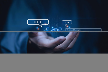 businessman showing graphics Ai chat application, a digital chatbot assistant. Robotic smart customer access internet network data, futuristic technology discussion concept. high tech artifの写真素材