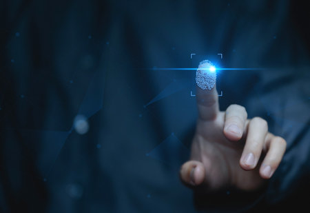 print scan system personal identification technology, businessman scan fingerprint shows biometric finger, access data privacy with id. cyber security concept, Verify your identity in sensor digital.の写真素材
