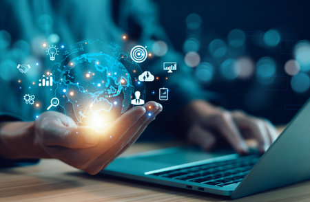 global business tech, connect international world market. concept of economic development communication and solutions to network digital technology, future internet, and worldwide investの写真素材