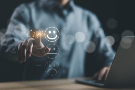 5-star rate review of client, icon happy smile, best feedback customer. satisfaction survey concept in service of the user on a website digital online. experience positive with business top qualityの写真素材