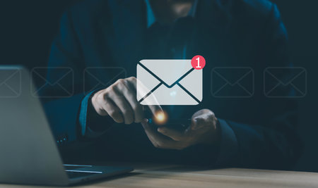 send an information message email from the phone and icon new email. smart SMS mail on digital. business communication contact newsletter concept. marketing social media. write text on the webの写真素材